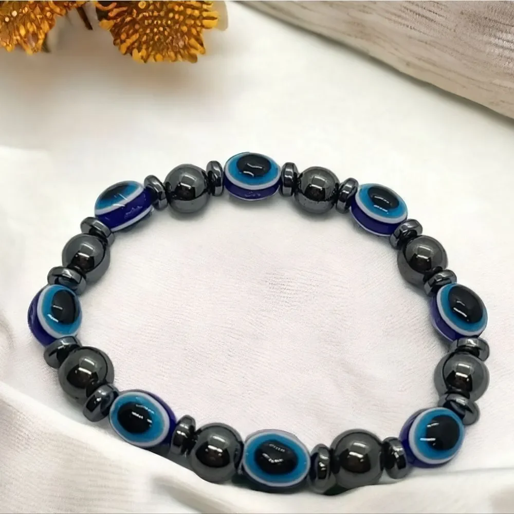 Hematite Evil Eye Blue Beaded Bracelet | Protective Stretch Charm Jewelry NWT
